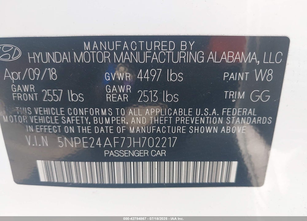 2018 HYUNDAI SONATA VIN: 5NPE24AF7JH702217