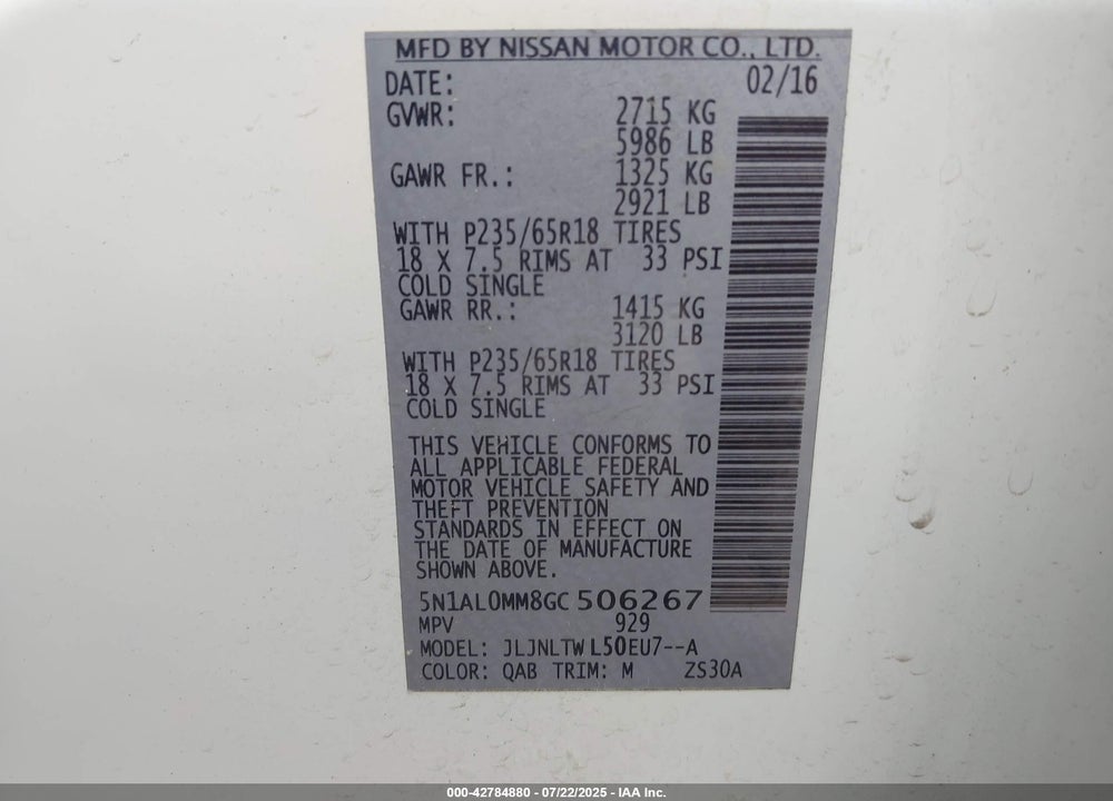 2016 INFINITI QX60 VIN: 5N1AL0MM8GC506267
