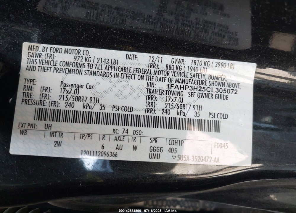 2012 FORD FOCUS VIN: 1FAHP3H25CL305072