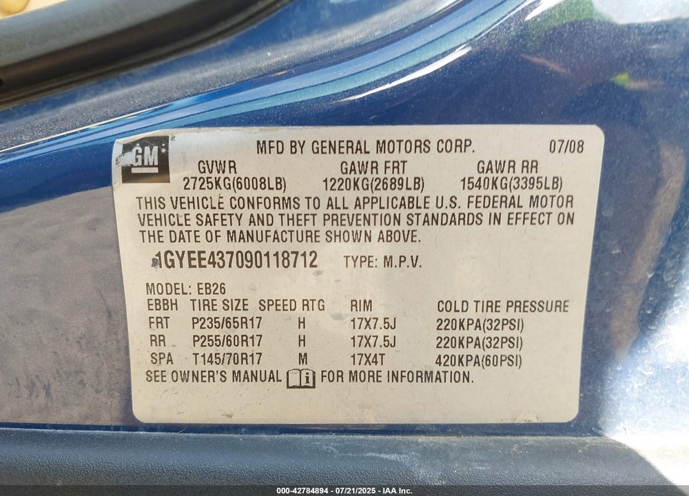 2009 CADILLAC SRX VIN: 1GYEE437090118712