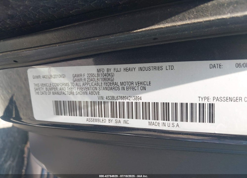 2009 SUBARU LEGACY VIN: 4S3BL676894213894
