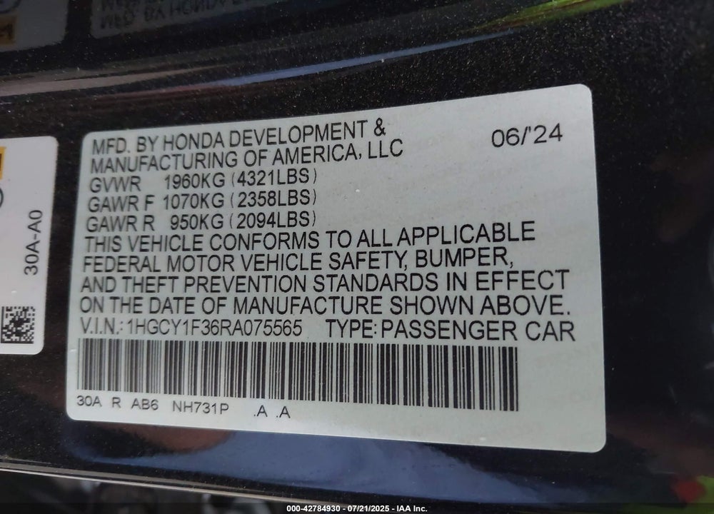 2024 HONDA ACCORD EX VIN: 1HGCY1F36RA075565