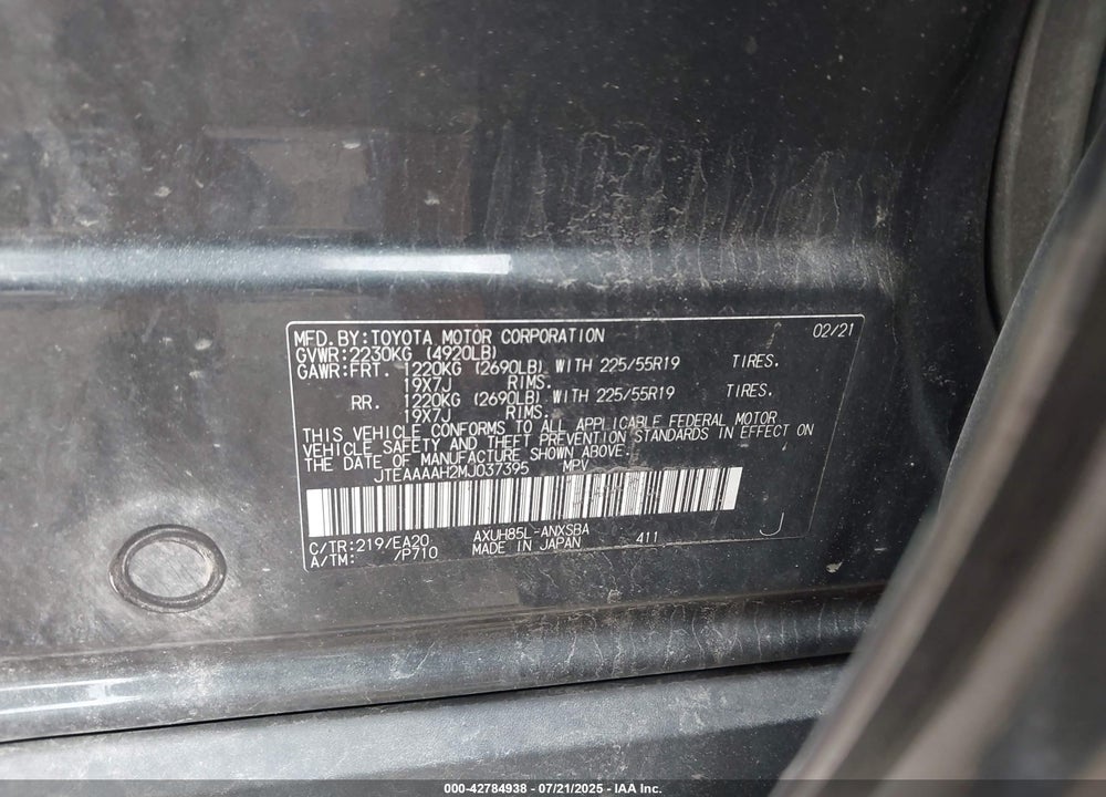 2021 TOYOTA VENZA VIN: JTEAAAAH2MJ037395