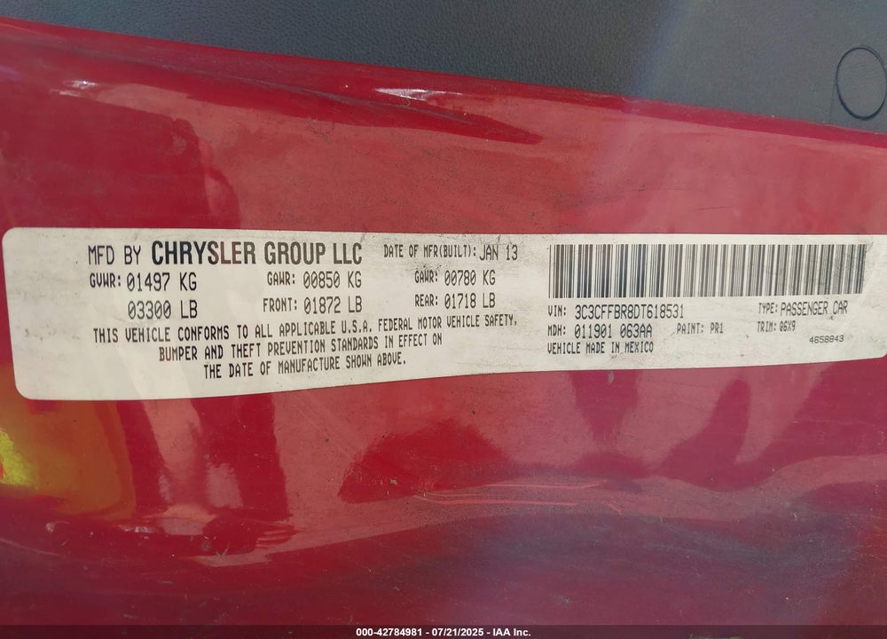 2013 FIAT 500 VIN: 3C3CFFBR8DT618531