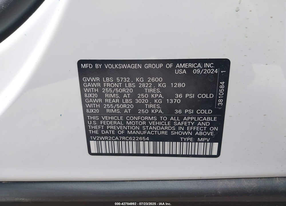 2024 VOLKSWAGEN ATLAS VIN: 1V2WR2CA7RC622654