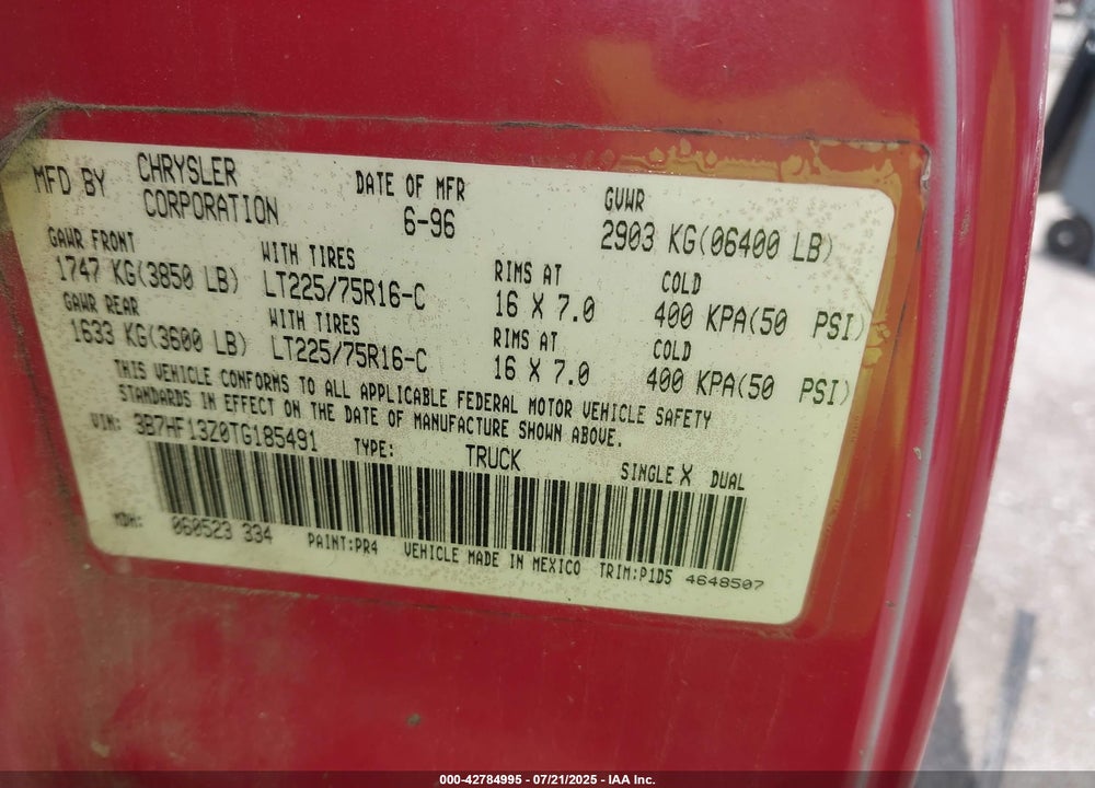 1996 DODGE RAM 1500 VIN: 3B7HF13Z0TG185491