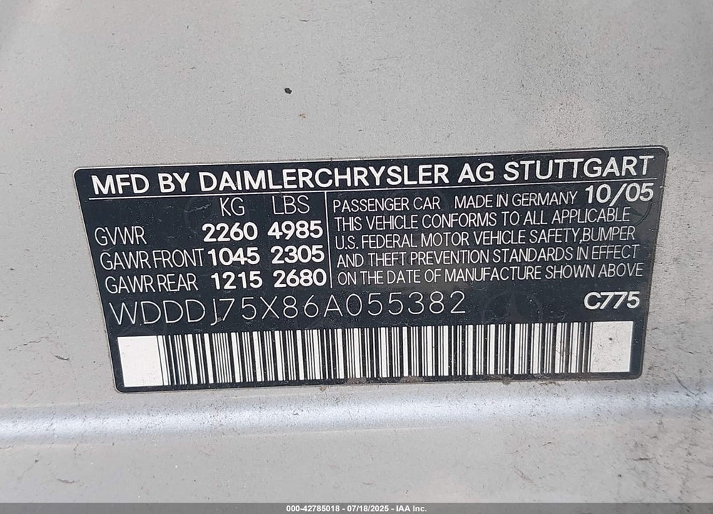 2006 MERCEDES-BENZ CLS CLASS VIN: WDDDJ75X86A055382