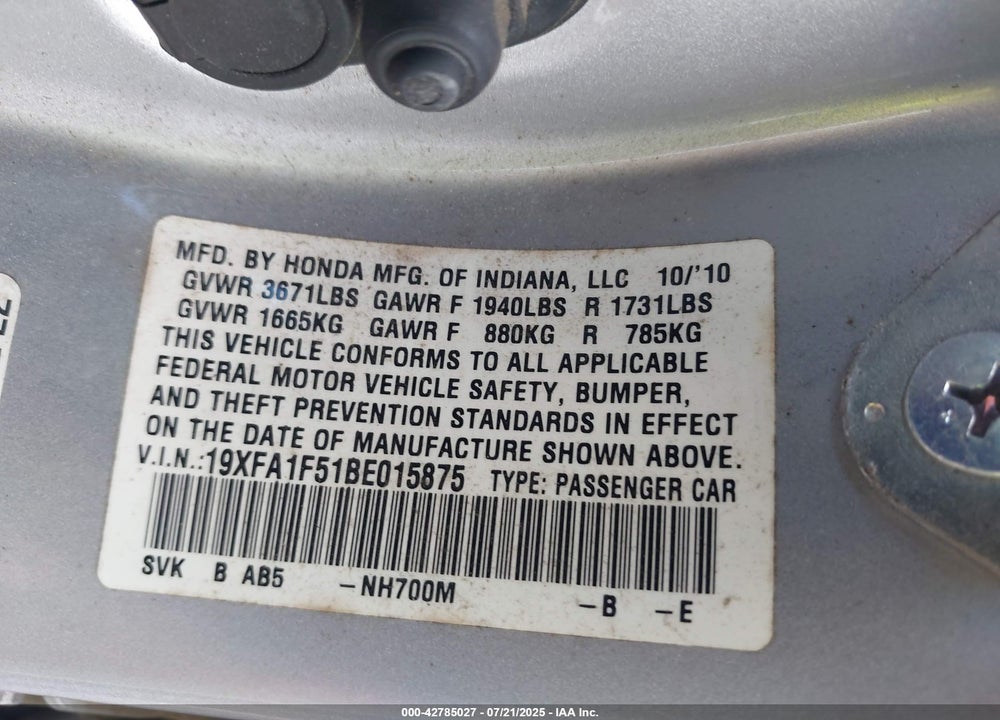 2011 HONDA CIVIC VIN: 19XFA1F51BE015875