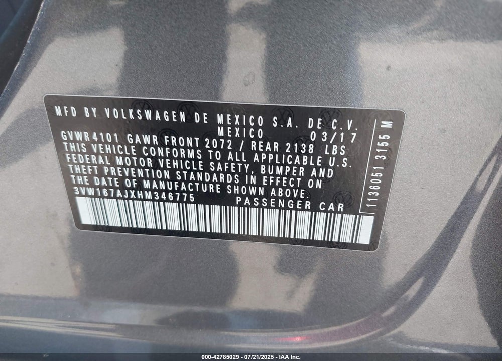 2017 VOLKSWAGEN JETTA 1.4T S VIN: 3VW167AJXHM346775