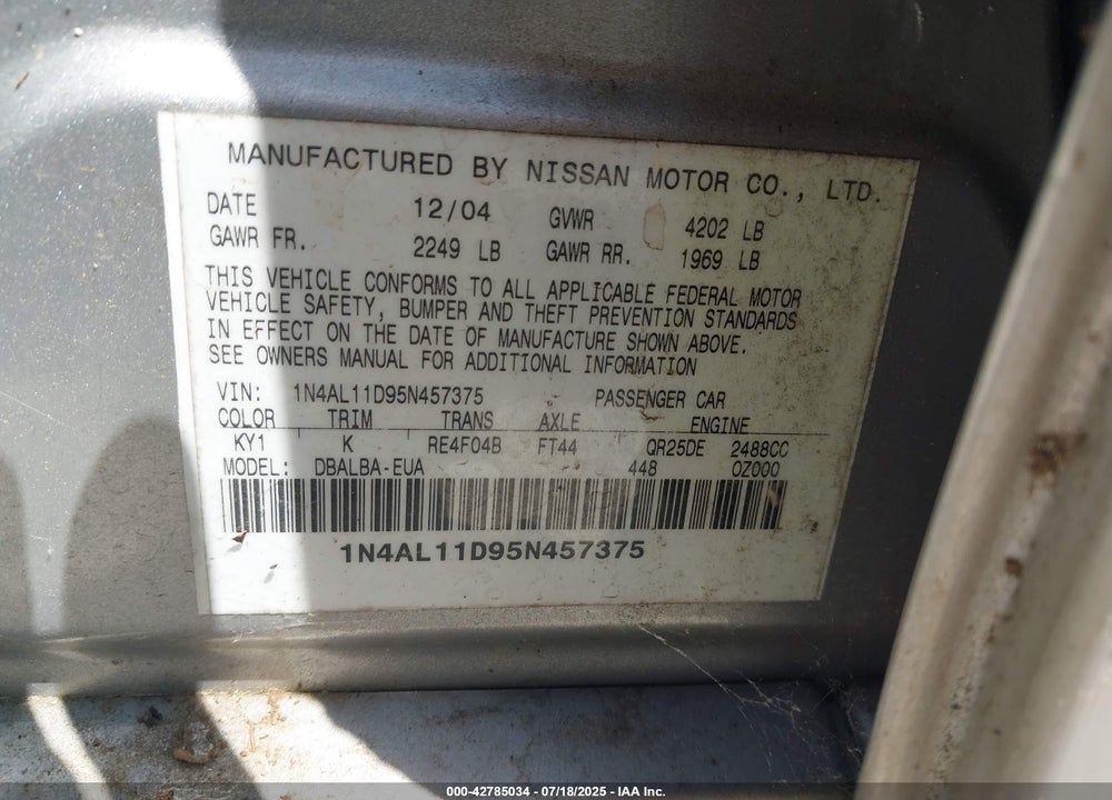 2005 NISSAN ALTIMA 2.5 S VIN: 1N4AL11D95N457375