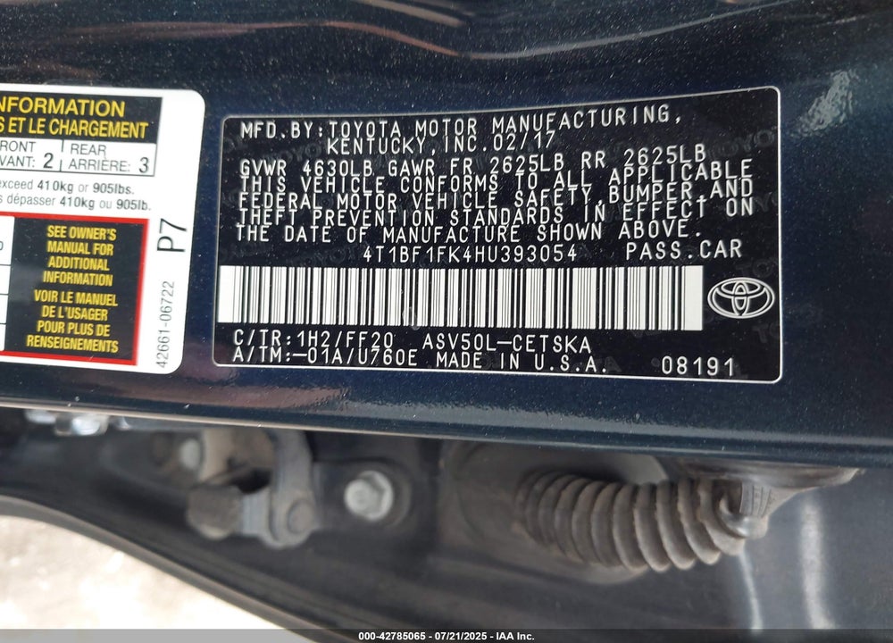 2017 TOYOTA CAMRY VIN: 4T1BF1FK4HU393054