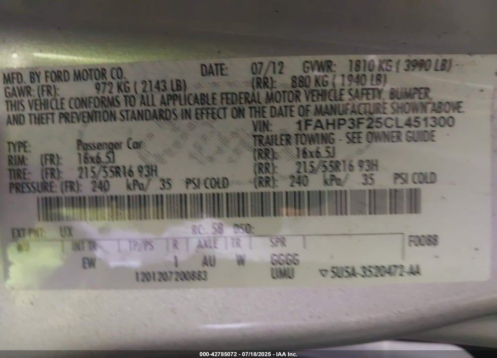 2012 FORD FOCUS VIN: 1FAHP3F25CL451300