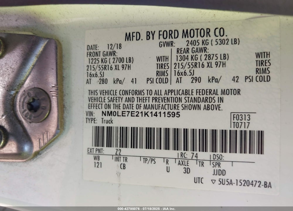 2019 FORD TRANSIT CONNECT XL VIN: NM0LE7E21K1411595