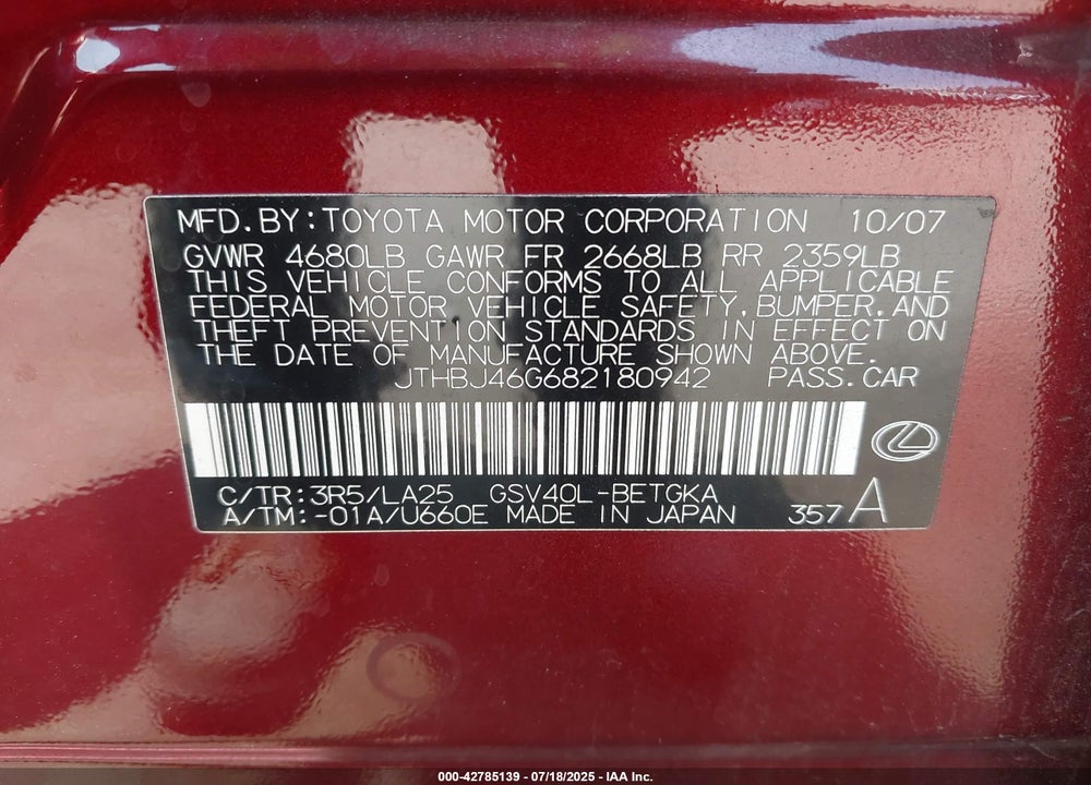 2008 LEXUS ES350 VIN: JTHBJ46G682180942