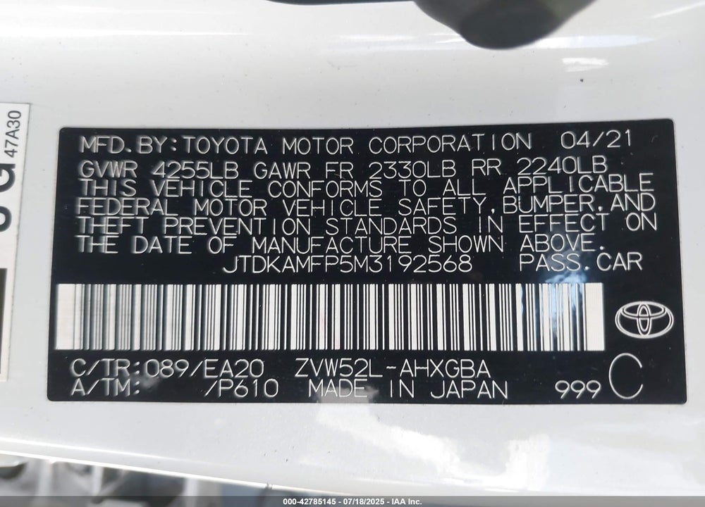 2021 TOYOTA PRIUS PRIME VIN: JTDKAMFP5M3192568