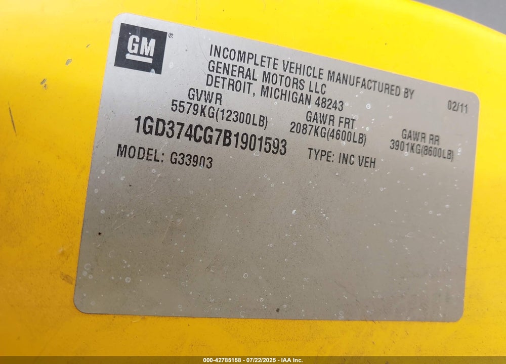 2011 GMC SAVANA CUTAWAY VIN: 1GD374CG7B1901593