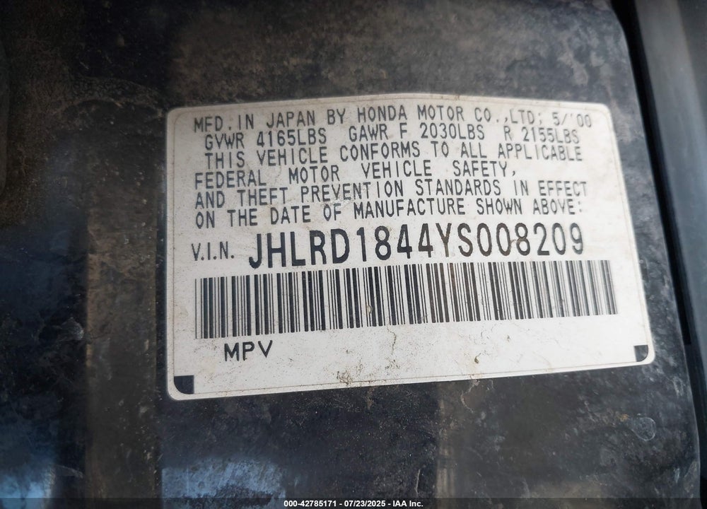 2000 HONDA CR-V VIN: JHLRD1844YS008209