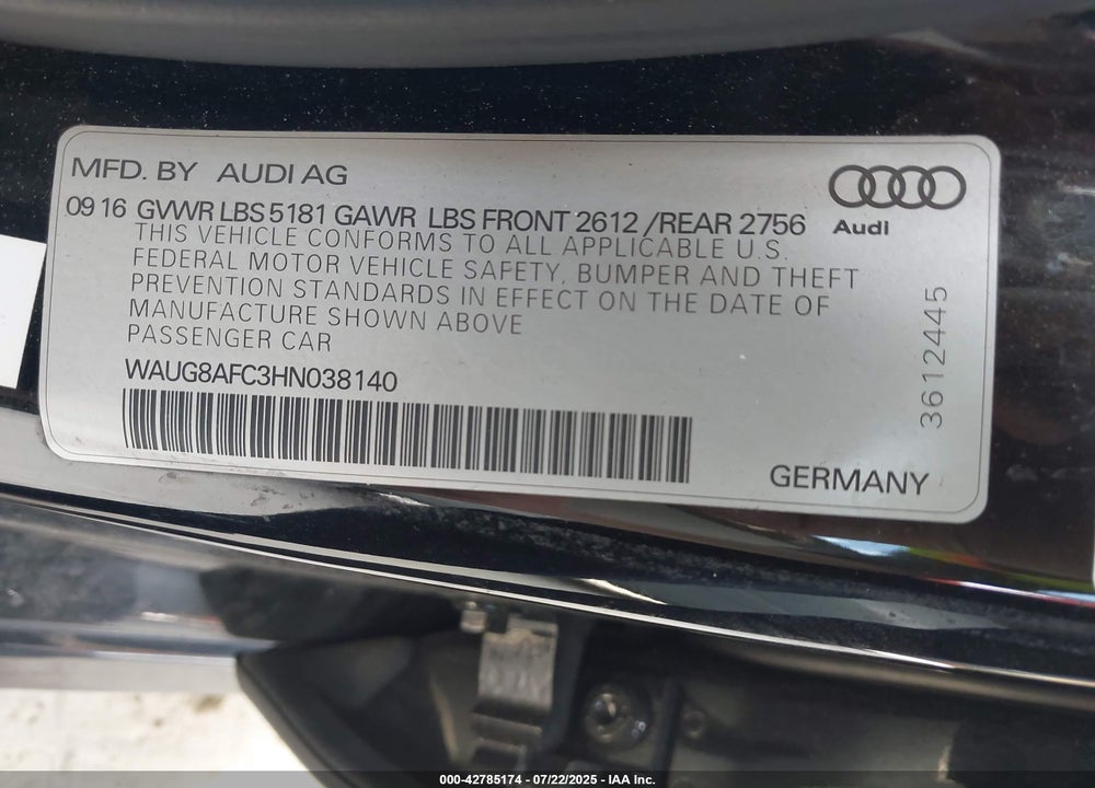 2017 AUDI A6 VIN: WAUG8AFC3HN038140