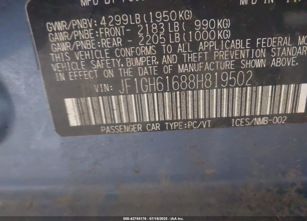 2008 SUBARU IMPREZA 2.5I VIN: JF1GH61688H819502