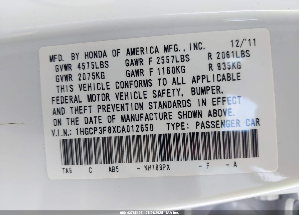 2012 HONDA ACCORD VIN: 1HGCP3F8XCA012650