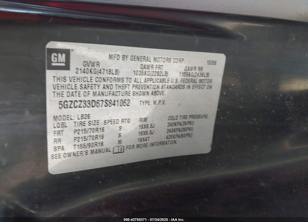 2007 SATURN VUE 4 CYL VIN: 5GZCZ33D67S841062