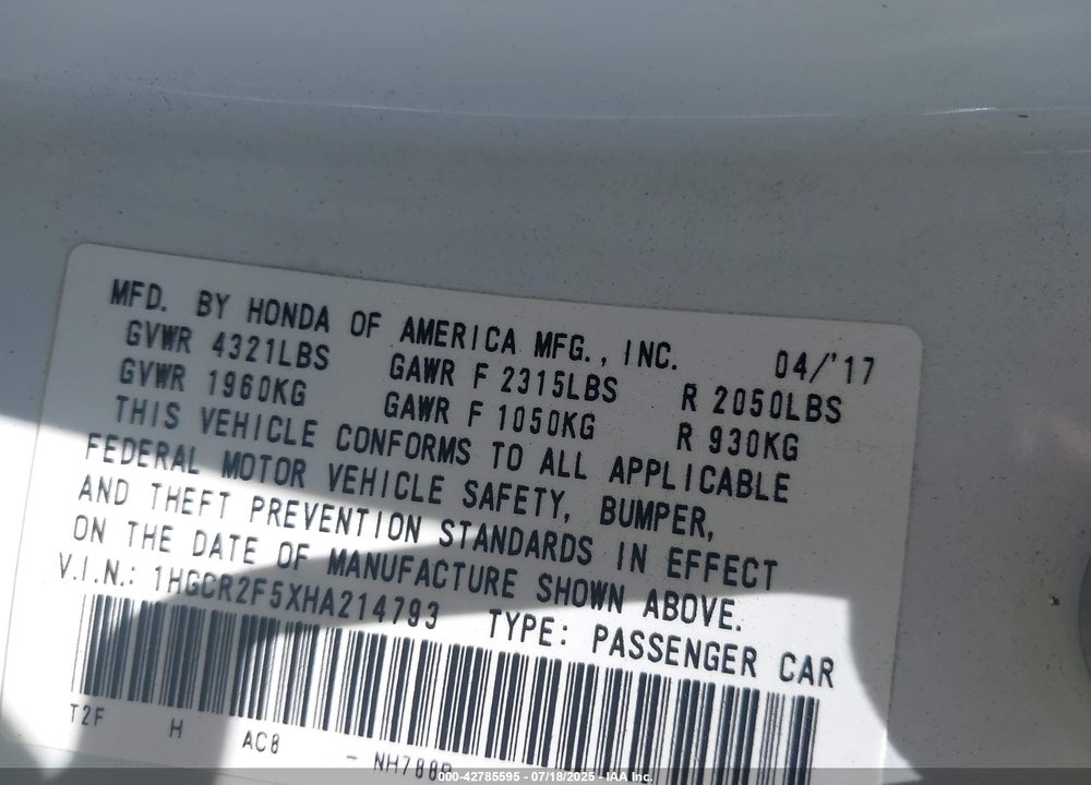 2017 HONDA ACCORD VIN: 1HGCR2F5XHA214793