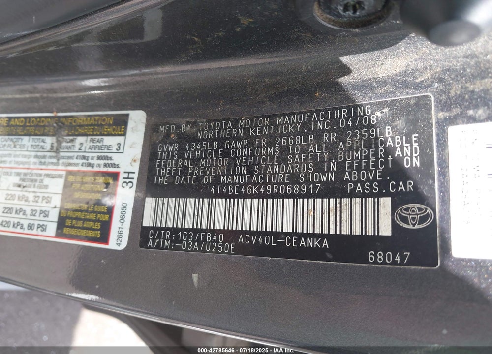 2009 TOYOTA CAMRY VIN: 4T4BE46K49R068917