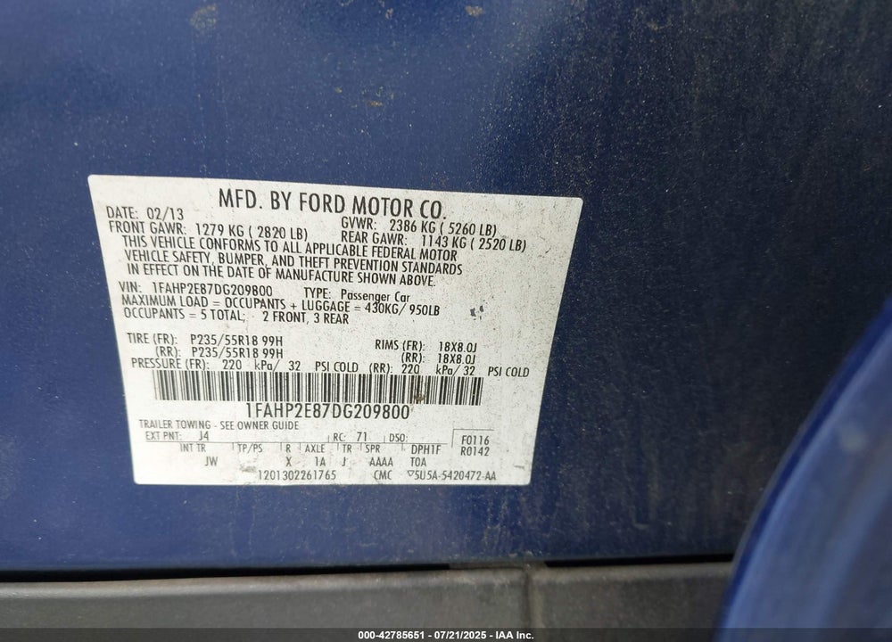 2013 FORD TAURUS VIN: 1FAHP2E87DG209800