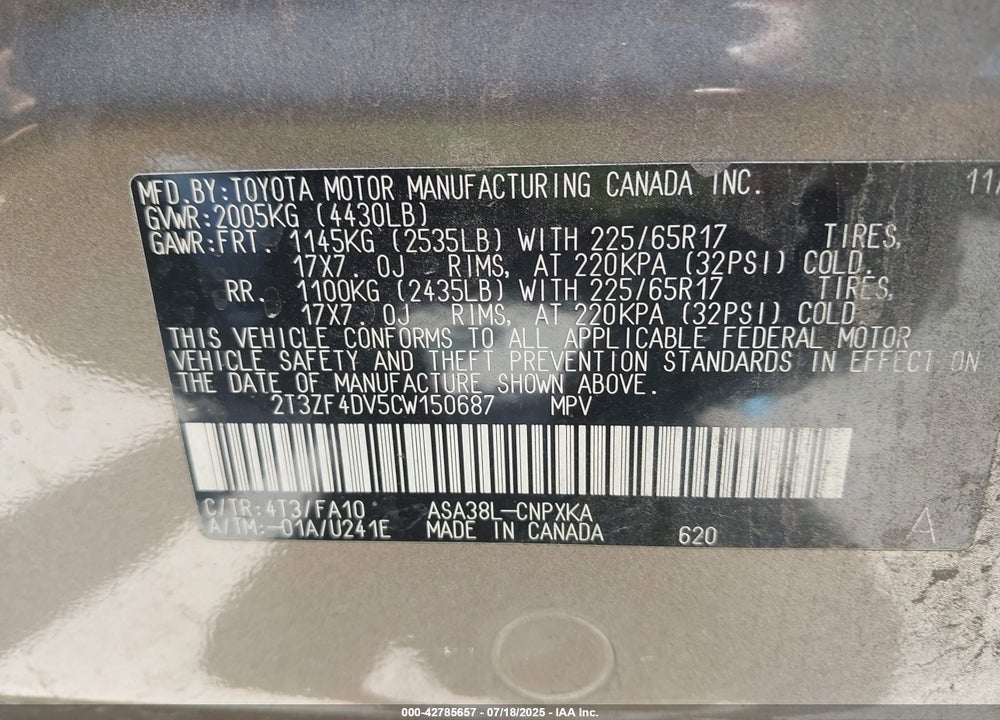 2012 TOYOTA RAV4 VIN: 2T3ZF4DV5CW150687