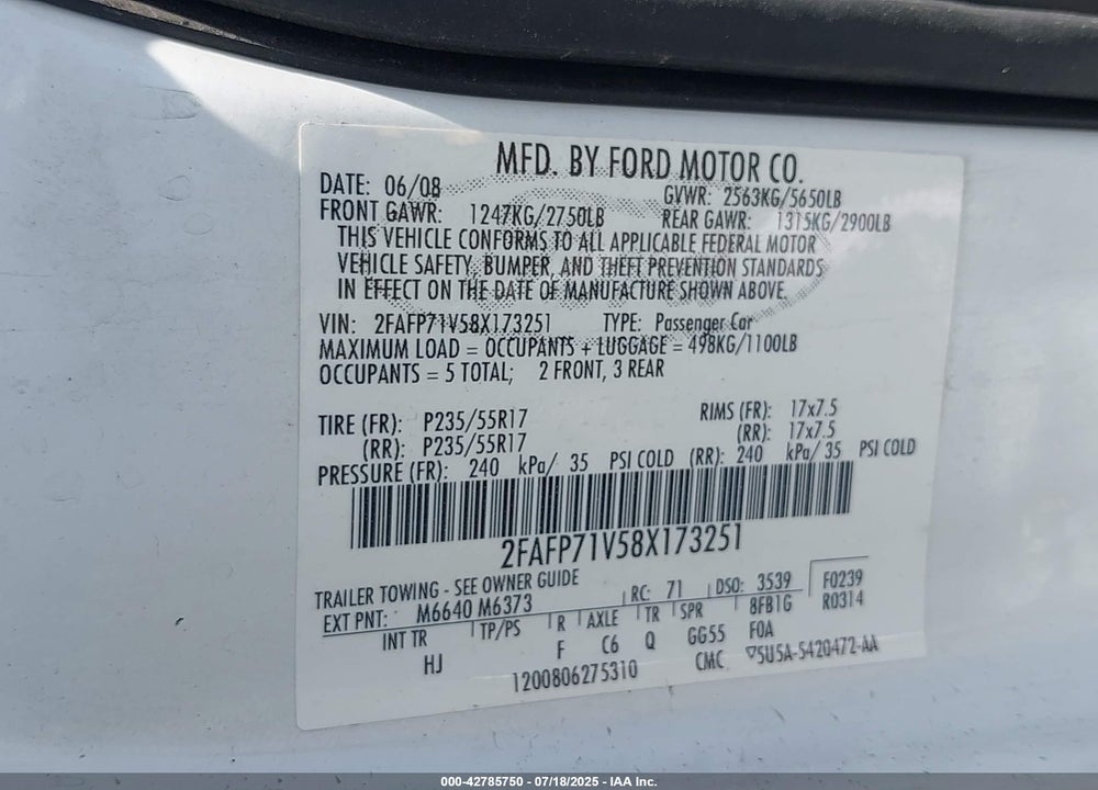 2008 FORD CROWN VICTORIA VIN: 2FAFP71V58X173251