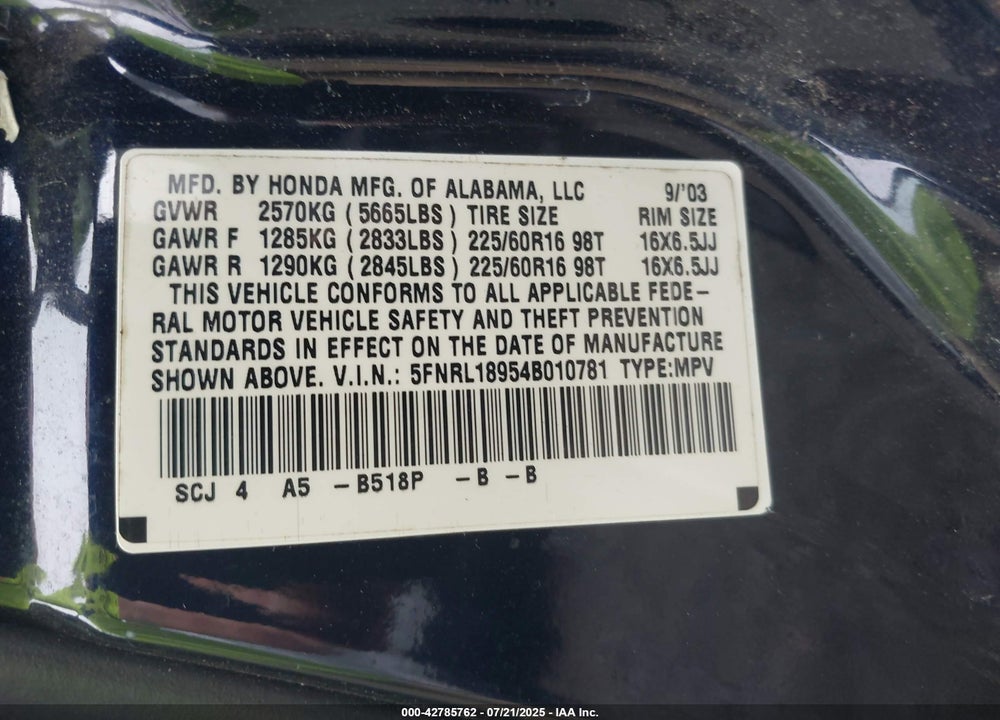 2004 HONDA ODYSSEY EX-L VIN: 5FNRL18954B010781