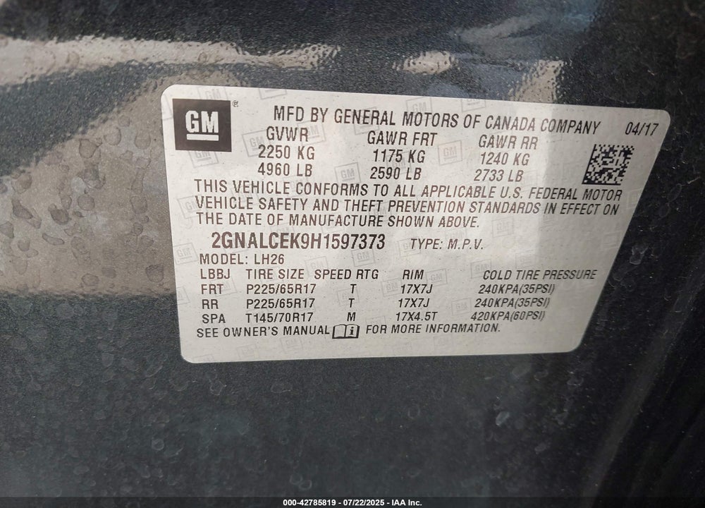 2017 CHEVROLET EQUINOX LT VIN: 2GNALCEK9H1597373