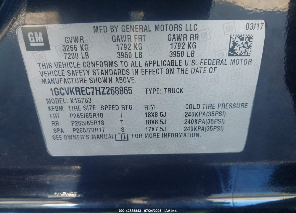 2017 CHEVROLET SILVERADO 1500 2LT VIN: 1GCVKREC7HZ268865