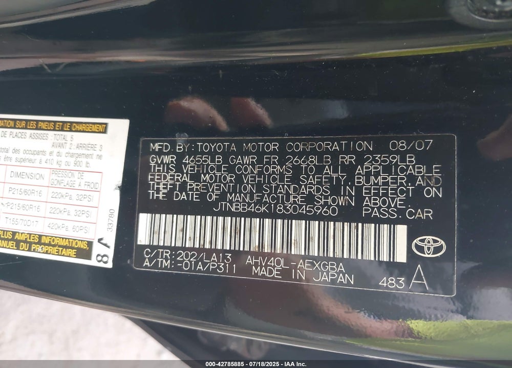 2008 TOYOTA CAMRY HYBRID VIN: JTNBB46K183045960