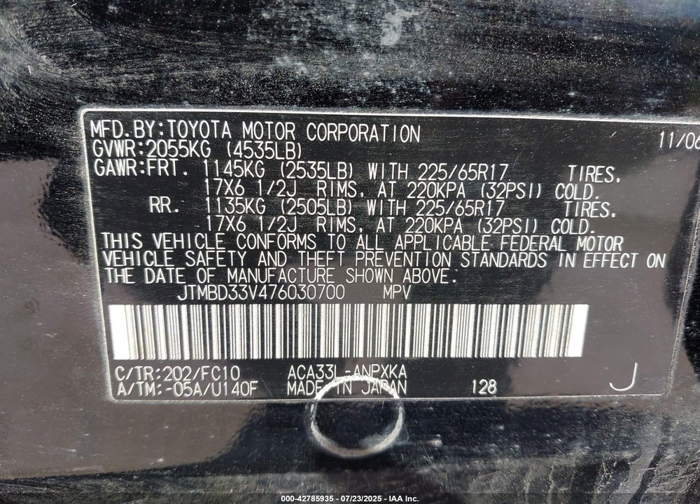2007 TOYOTA RAV4 VIN: JTMBD33V476030700