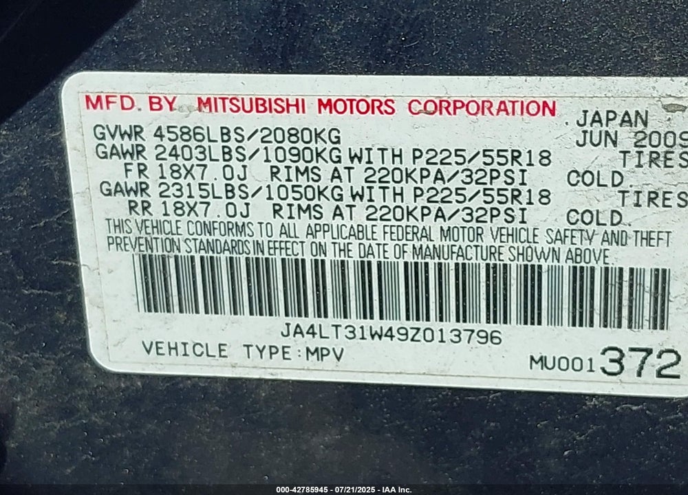 2009 MITSUBISHI OUTLANDER VIN: JA4LT31W49Z013796