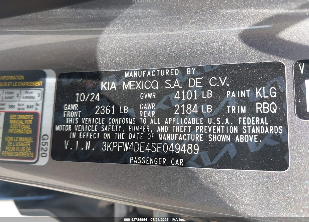 2025 KIA K4 VIN: 3KPFW4DE4SE049489
