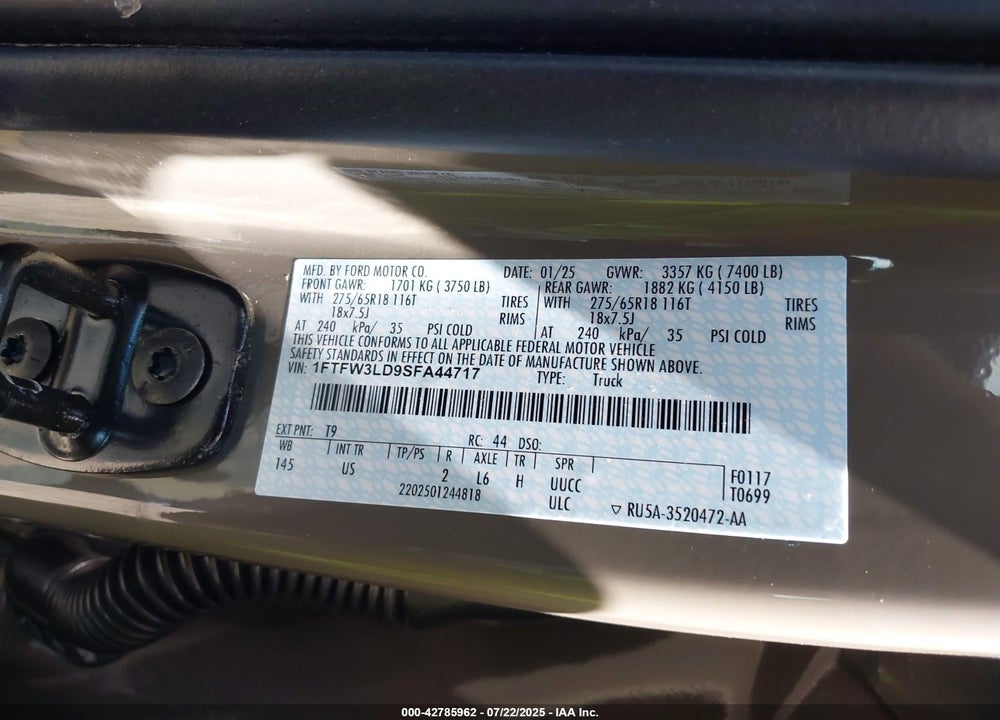 2025 FORD F-150 XLT VIN: 1FTFW3LD9SFA44717