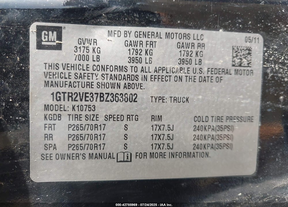 2011 GMC SIERRA VIN: 1GTR2VE37BZ363802