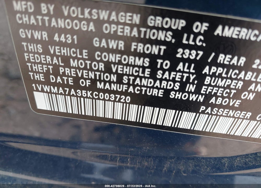 2019 VOLKSWAGEN PASSAT VIN: 1VWMA7A35KC003720