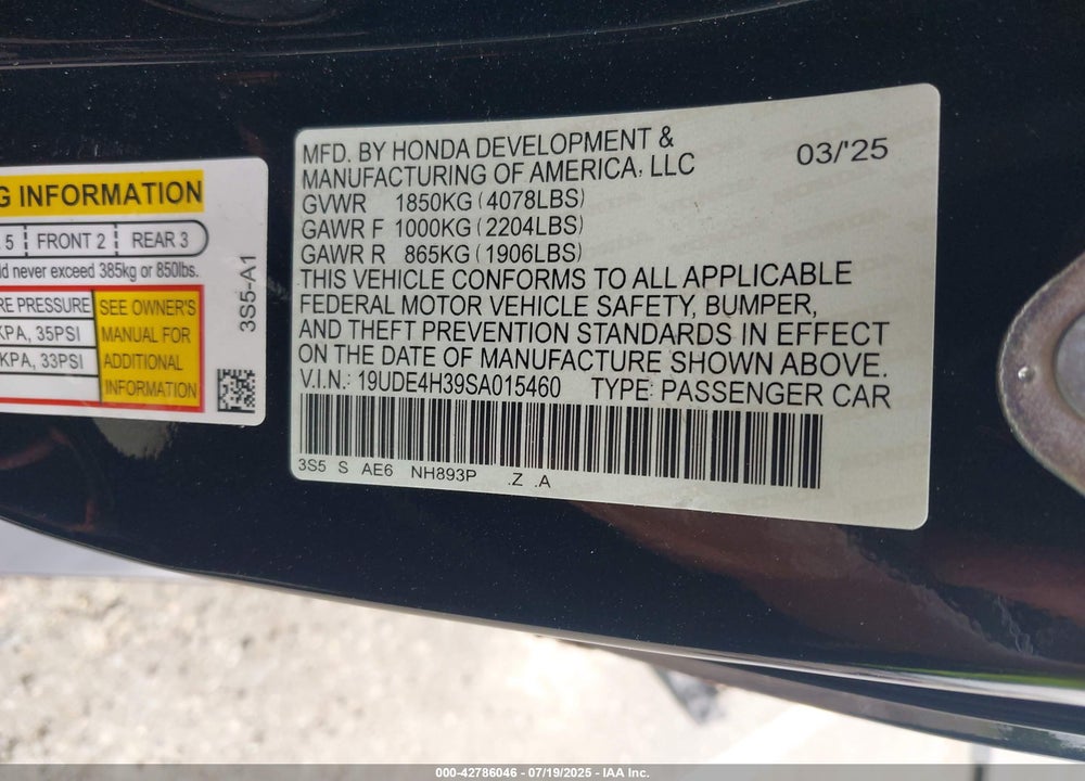 2025 ACURA INTEGRA VIN: 19UDE4H39SA015460