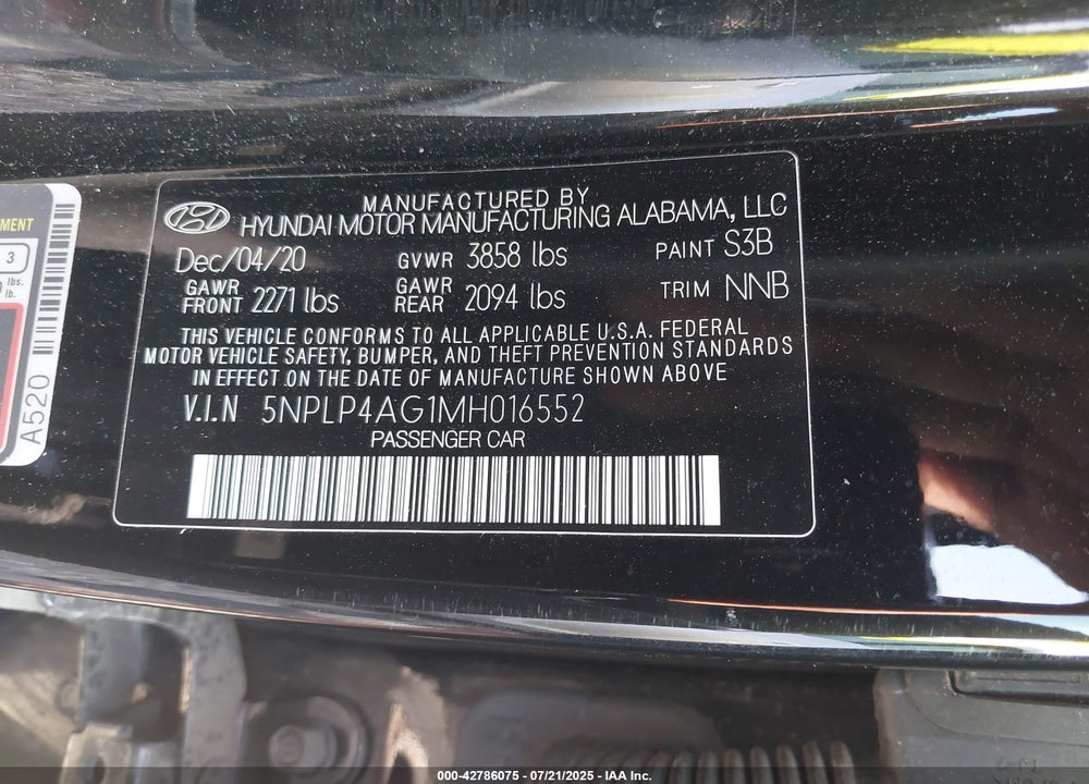 2021 HYUNDAI ELANTRA VIN: 5NPLP4AG1MH016552