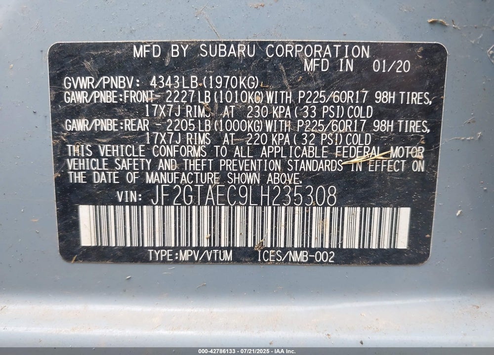 2020 SUBARU CROSSTREK VIN: JF2GTAEC9LH235308