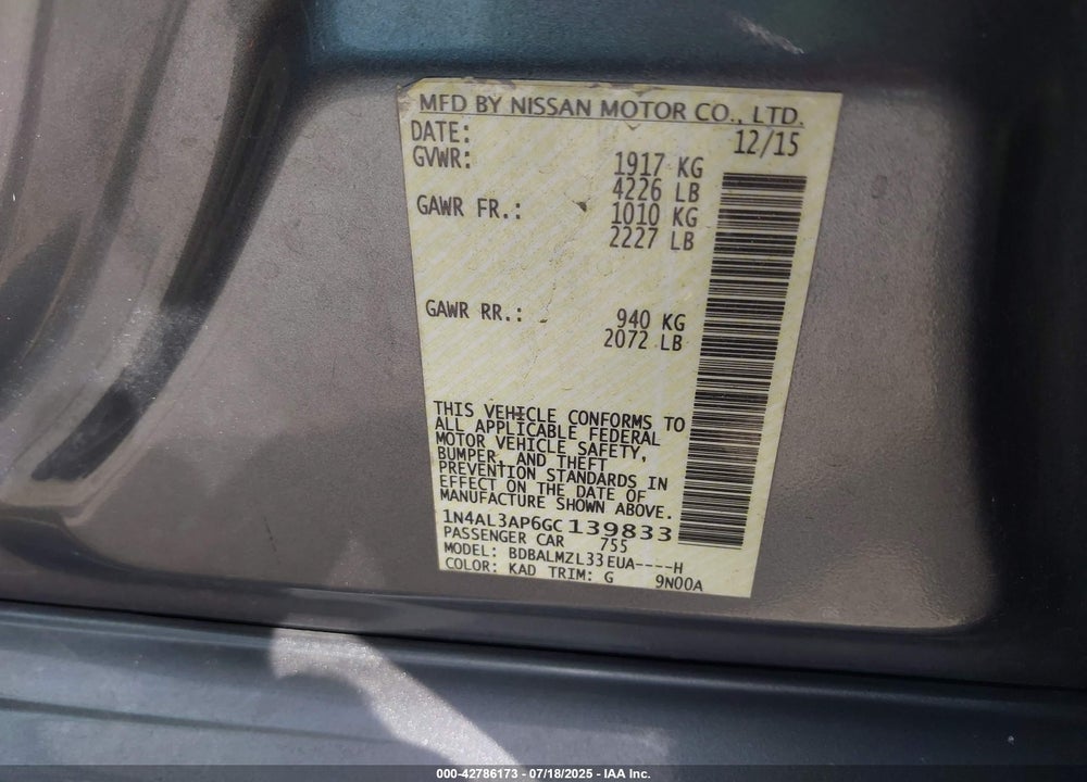 2016 NISSAN ALTIMA VIN: 1N4AL3AP6GC139833