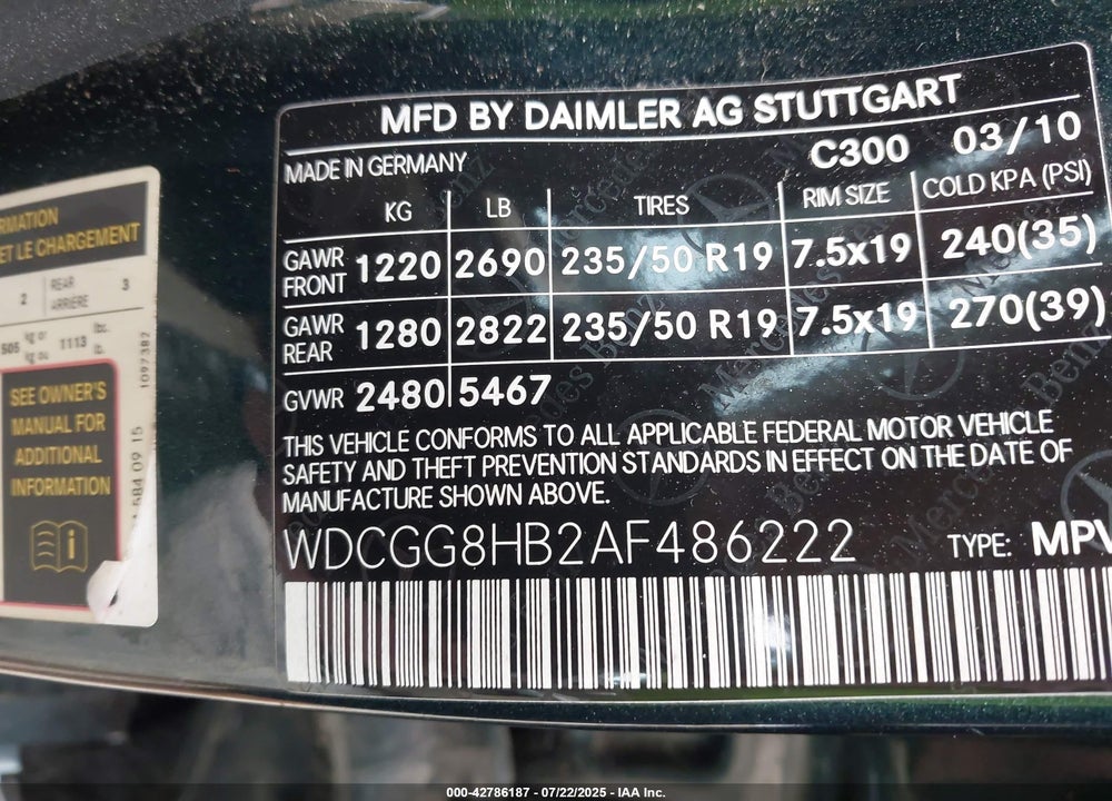2010 MERCEDES-BENZ GLK-CLASS VIN: WDCGG8HB2AF486222