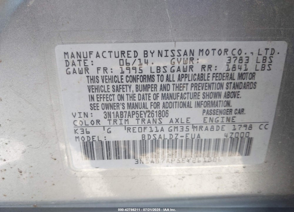 2014 NISSAN SENTRA VIN: 3N1AB7AP5EY261806