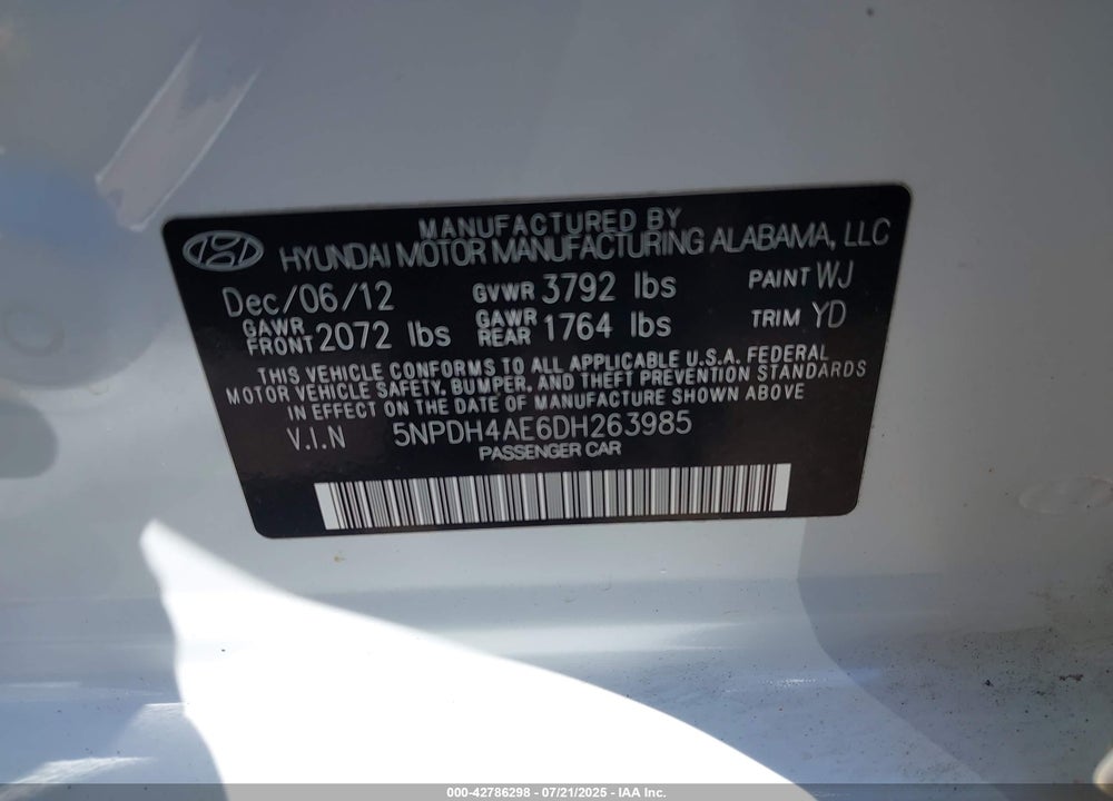 2013 HYUNDAI ELANTRA GLS VIN: 5NPDH4AE6DH263985
