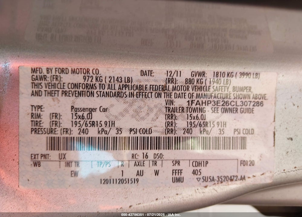 2012 FORD FOCUS VIN: 1FAHP3E26CL307286