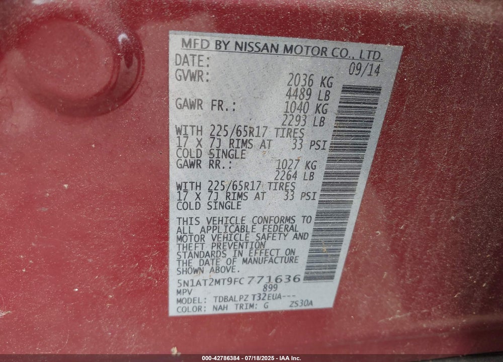 2015 NISSAN ROGUE VIN: 5N1AT2MT9FC771636