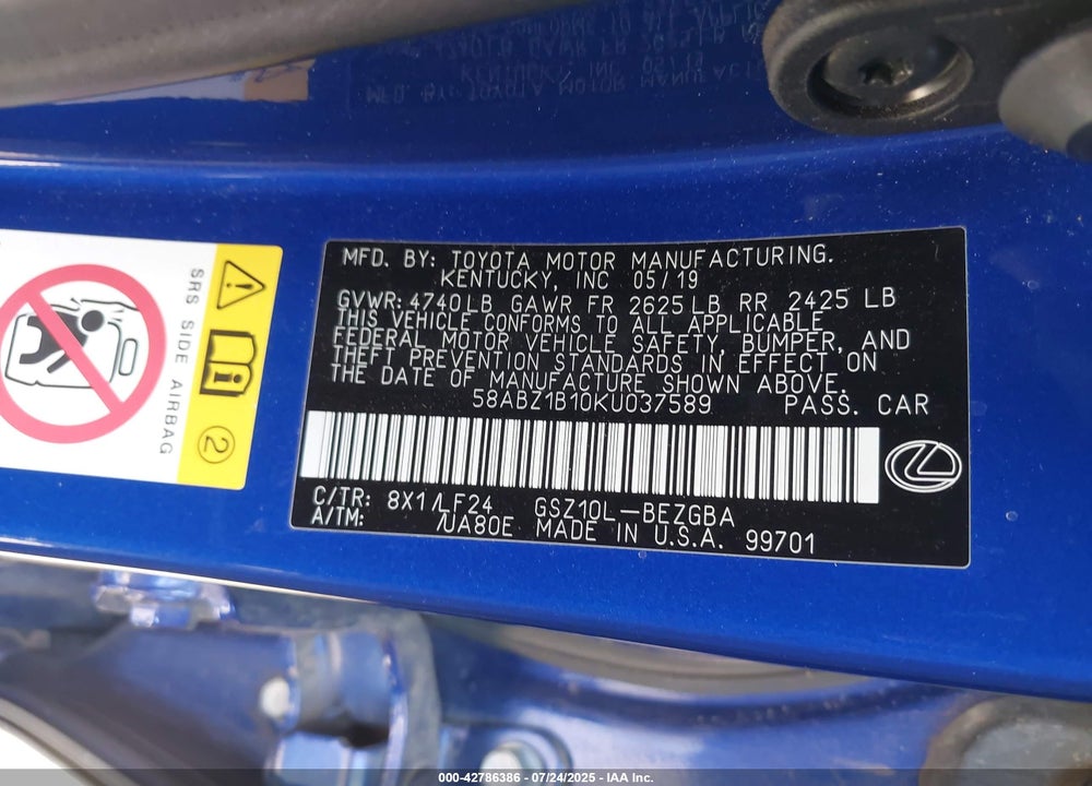 2019 LEXUS ES 350 VIN: 58ABZ1B10KU037589